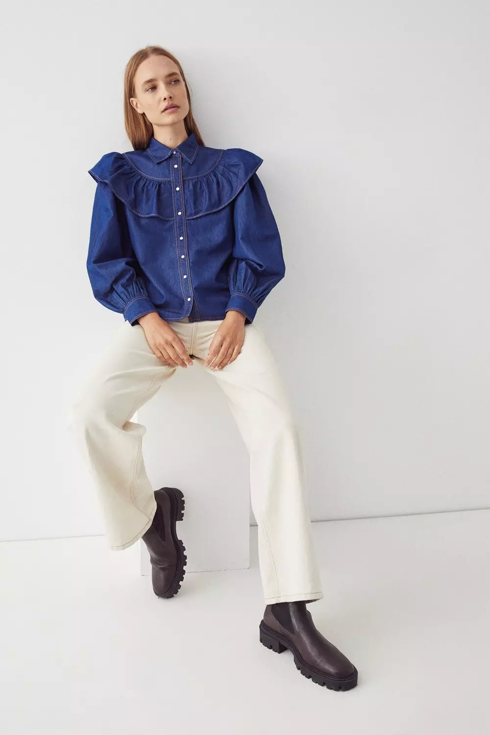 Denim Ruffle Yoke Detail Shirt | Warehouse